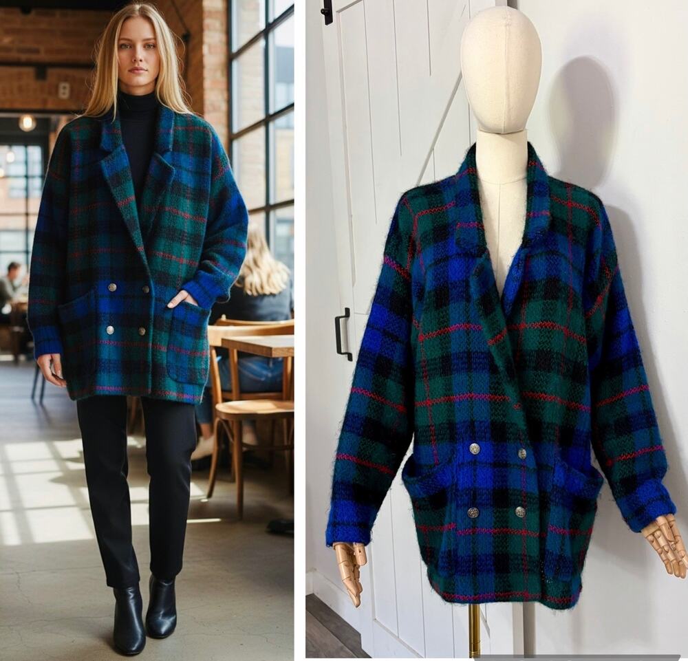 VTG I.B. Diffusion Size M Wool Mohair Blend Heavy Knit Plaid Cardigan Jacket